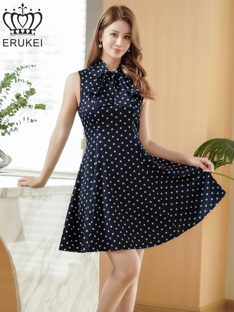 ERUKEI エルケイ ドット・ノースリーブ・プチハイネック・リボン・Aライン・ミニドレス・ワンピース ek-e25038