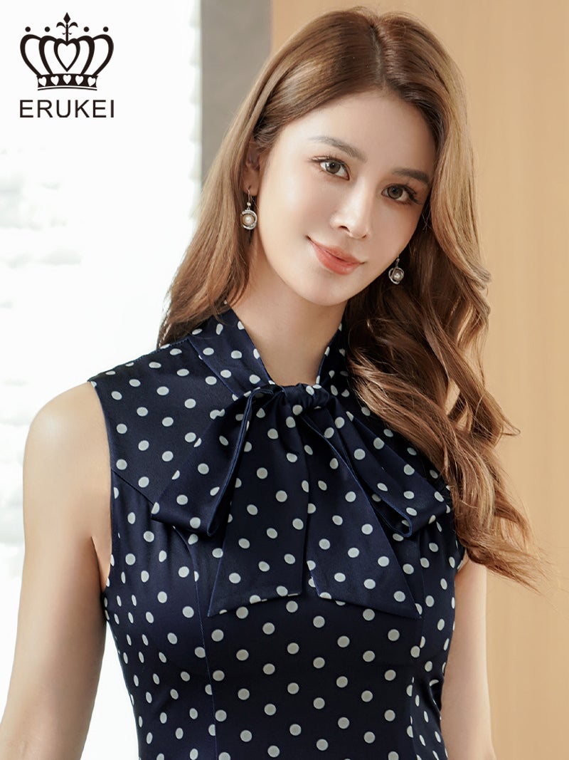 ERUKEI エルケイ ドット・ノースリーブ・プチハイネック・リボン・Aライン・ミニドレス・ワンピース ek-e25038
