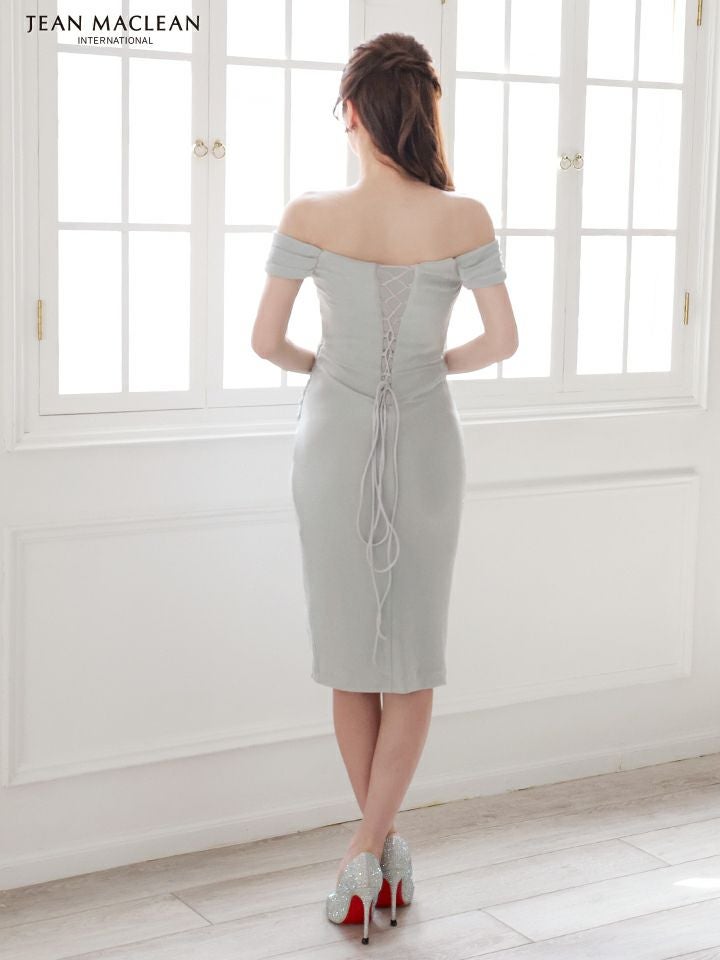 JEAN MACLEAN ジャンマクレーン オフショル/タッククロスデザイン/カットアウト/ラメニット/タイト/ミディアムドレス ブロンズ ja51775-4