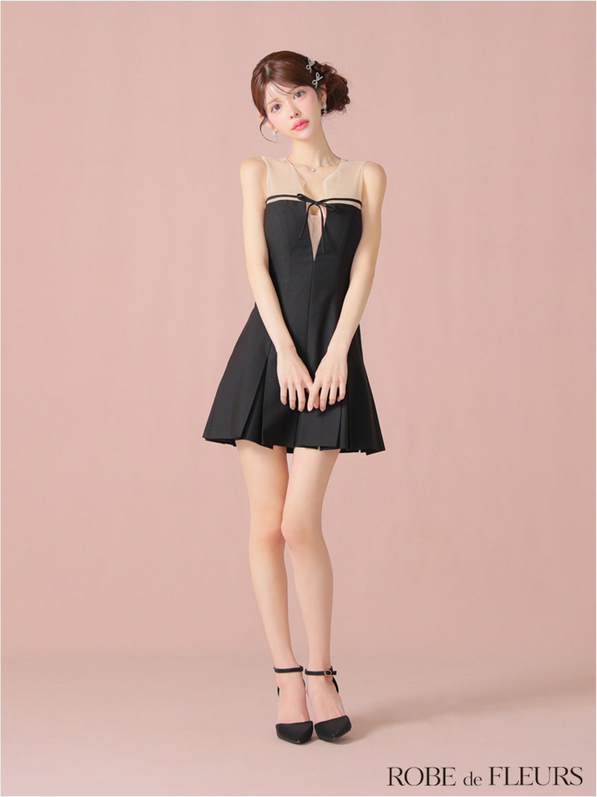 ROBE de FLEURS ローブドフルール センターリボンシアーチュールフレアミニキャバドレス fm3798-c