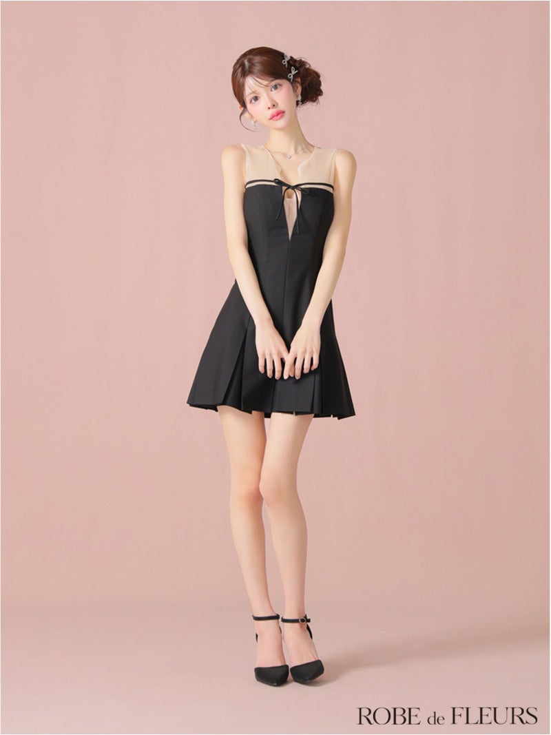 ROBE de FLEURS ローブドフルール センターリボンシアーチュールフレアミニキャバドレス fm3798-c