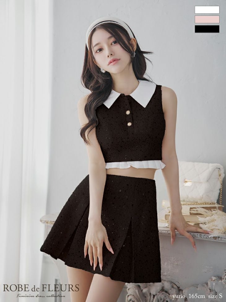 ROBE de FLEURS ローブドフルール 襟つきスパンコールツイードノースリーブプリーツセットアップキャバドレス fm3348