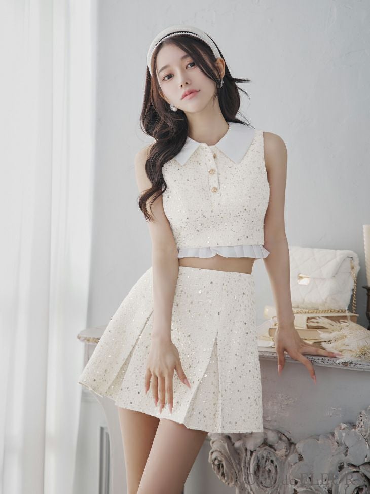 ROBE de FLEURS ローブドフルール 襟つきスパンコールツイード