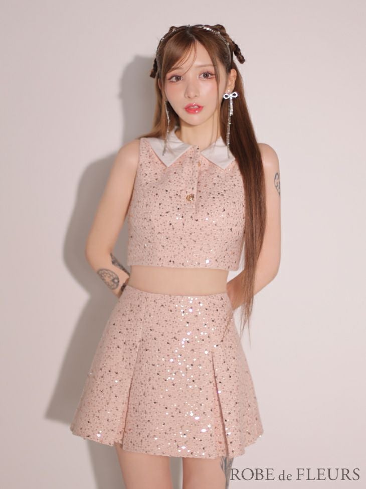 ROBE de FLEURS ローブドフルール 襟つきスパンコールツイード