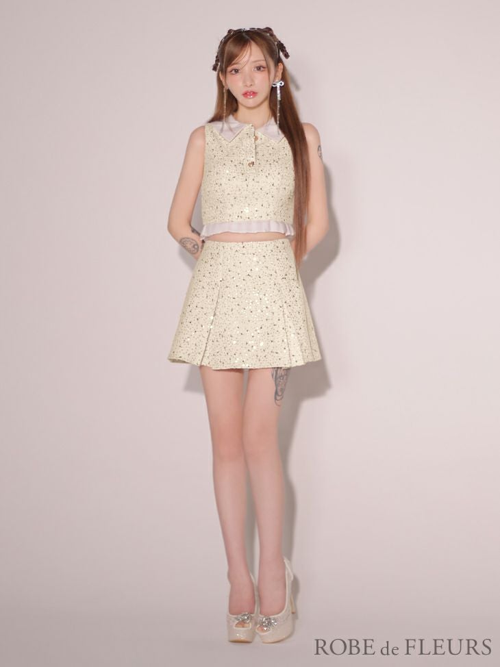 ROBE de FLEURS ローブドフルール 襟つきスパンコールツイードノースリーブプリーツセットアップキャバドレス fm3348