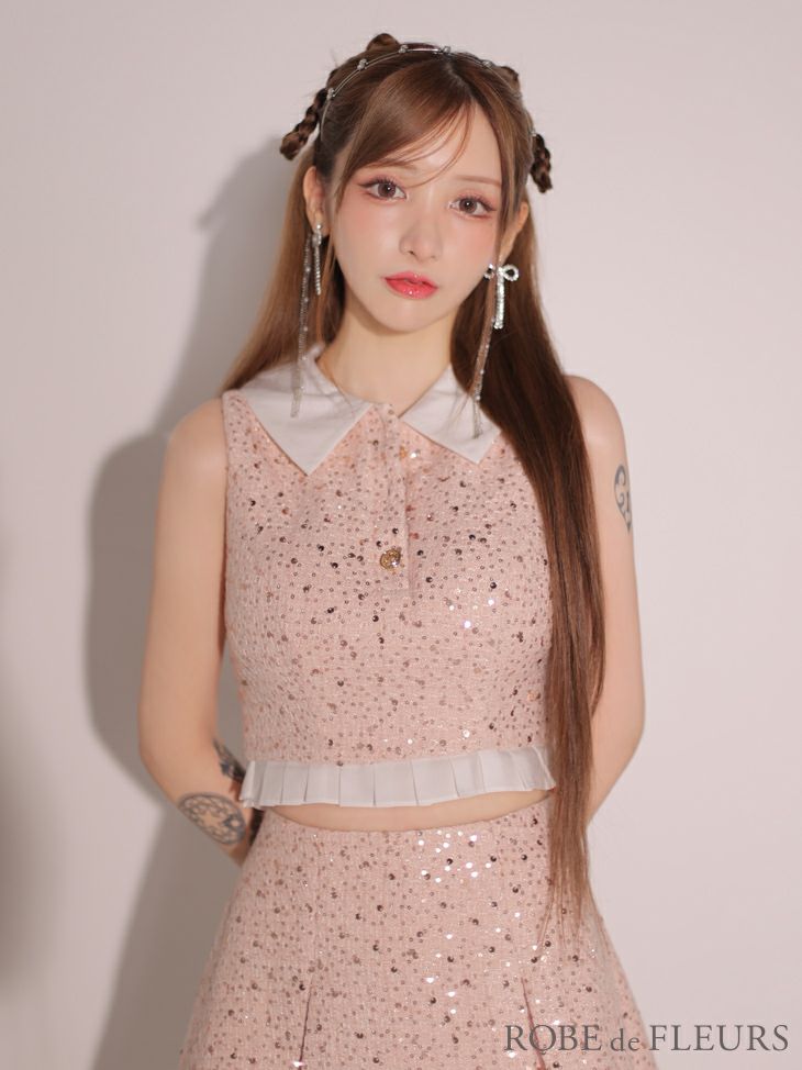 ROBE de FLEURS ローブドフルール 襟つきスパンコールツイードノースリーブプリーツセットアップキャバドレス fm3348