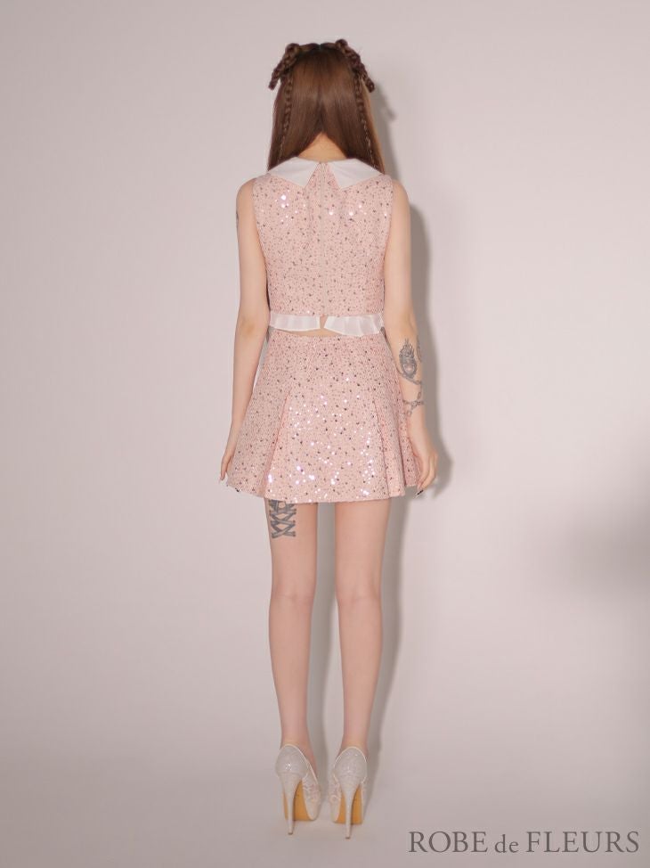 ROBE de FLEURS ローブドフルール 襟つきスパンコールツイードノースリーブプリーツセットアップキャバドレス fm3348