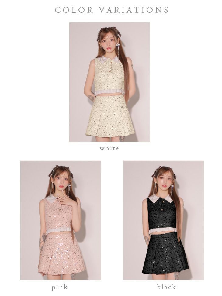 ROBE de FLEURS ローブドフルール 襟つきスパンコールツイードノースリーブプリーツセットアップキャバドレス fm3348