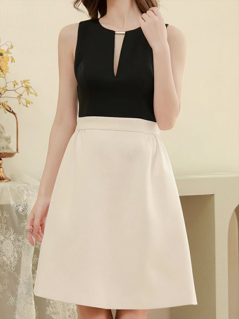 ERUKEI エルケイ ブラック×ホワイト バックリボン・リボン・バイカラー・ノースリーブ・ミニドレス・ワンピース ek-s33151-1