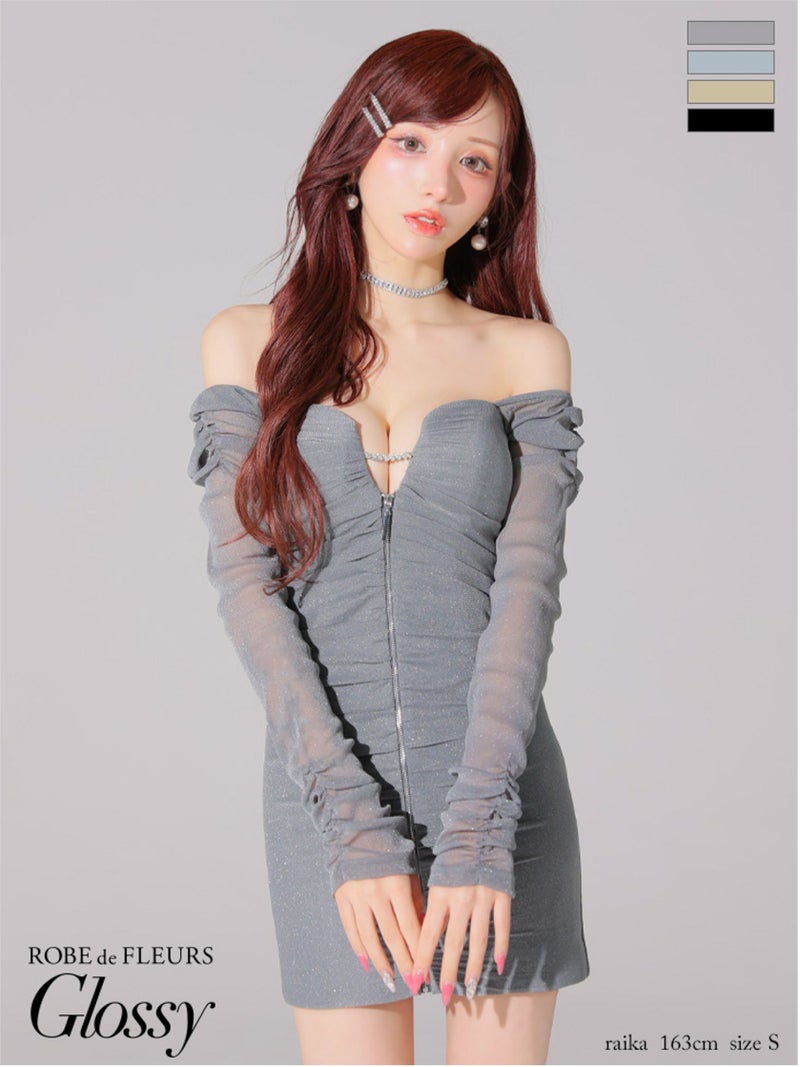 Glossy ローブドフルールグロッシー オフショルラメチュールセンタージップミニキャバドレス gl3926-c