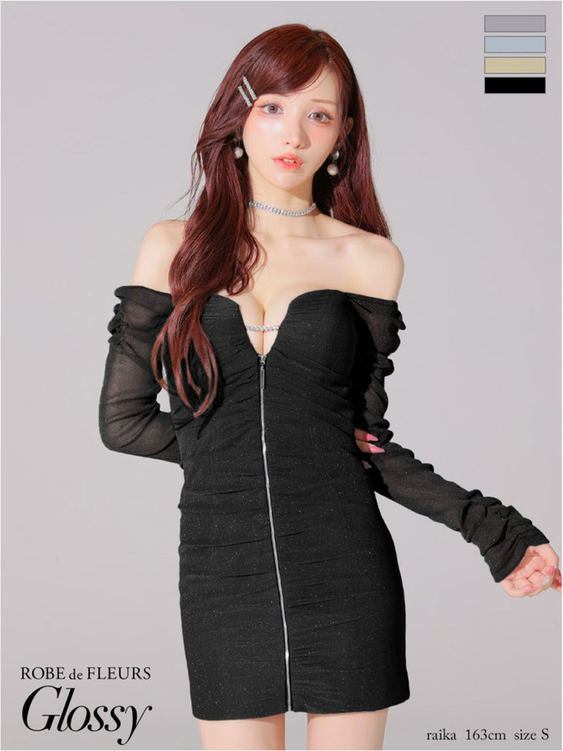 Glossy ローブドフルールグロッシー オフショルラメチュールセンタージップミニキャバドレス gl3926-c