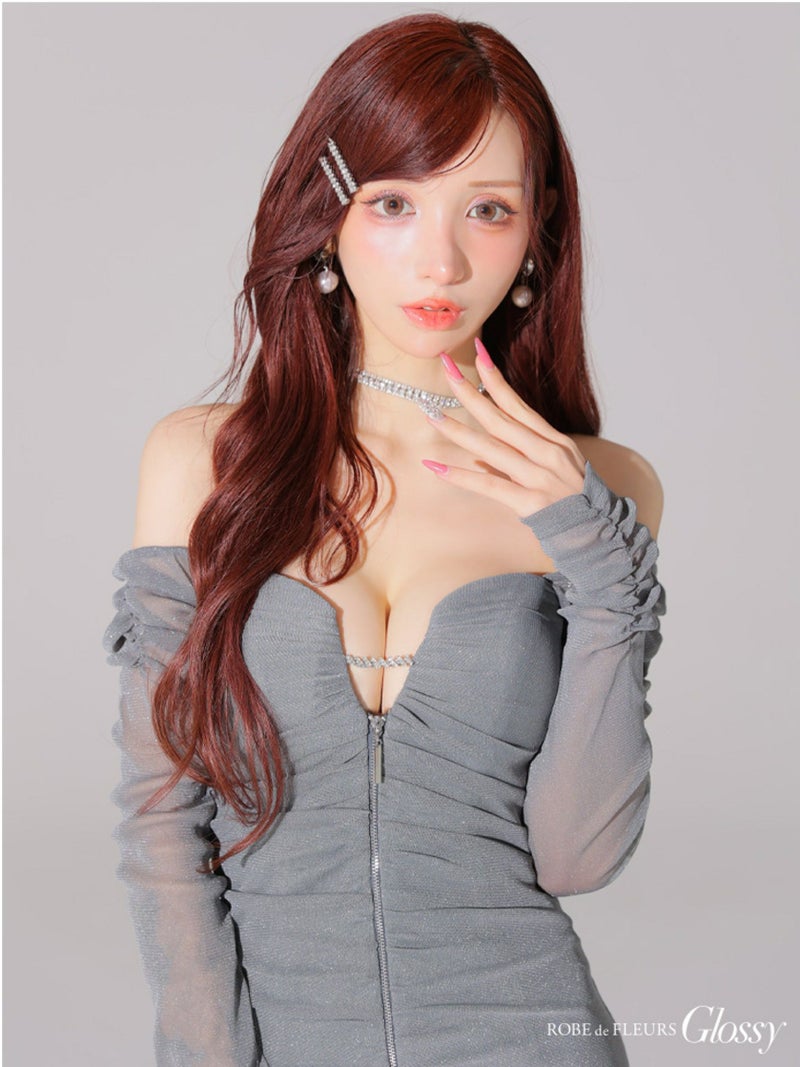 Glossy ローブドフルールグロッシー オフショルラメチュールセンタージップミニキャバドレス gl3926-c