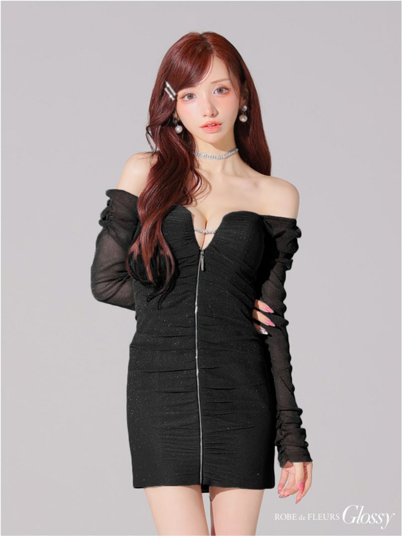 Glossy ローブドフルールグロッシー オフショルラメチュールセンタージップミニキャバドレス gl3926-c