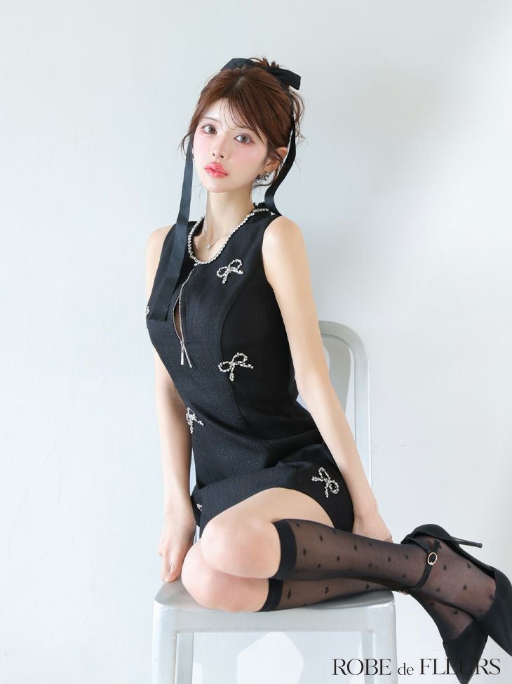 ROBE de FLEURS ローブドフルール リボンビジューノースリーブミニキャバドレス fm3454