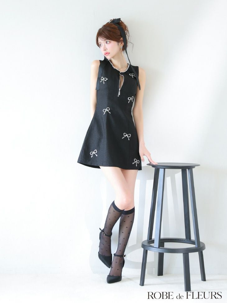 ROBE de FLEURS ローブドフルール リボンビジューノースリーブミニキャバドレス fm3454