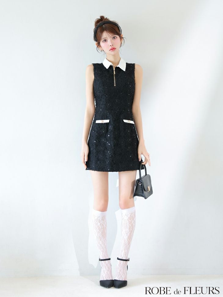 ROBE de FLEURS ローブドフルール 襟つきフラワーレースサテンミニキャバドレス fm4303