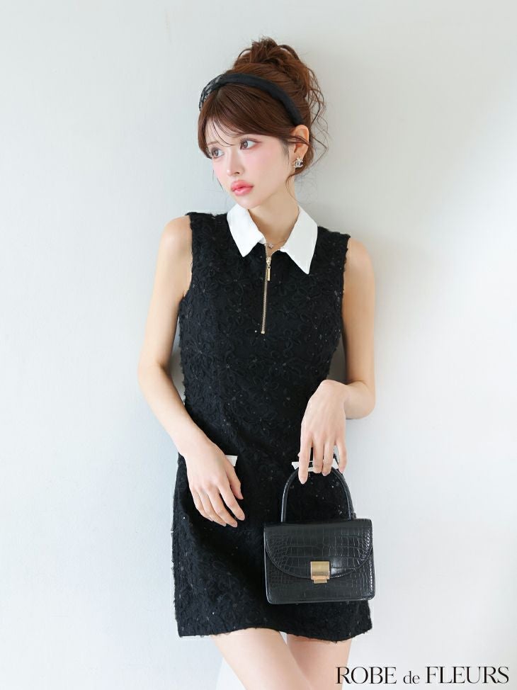 ROBE de FLEURS ローブドフルール 襟つきフラワーレースサテンミニキャバドレス fm4303