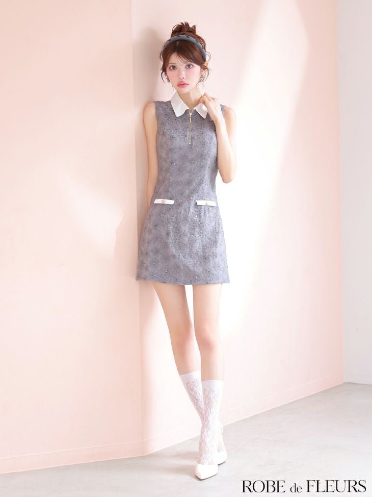 ROBE de FLEURS ローブドフルール 襟つきフラワーレースサテンミニキャバドレス fm4303