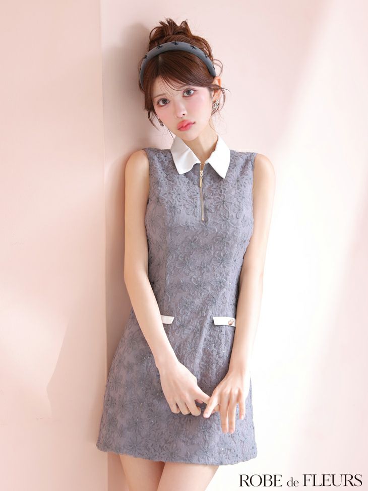 ROBE de FLEURS ローブドフルール 襟つきフラワーレースサテンミニキャバドレス fm4303