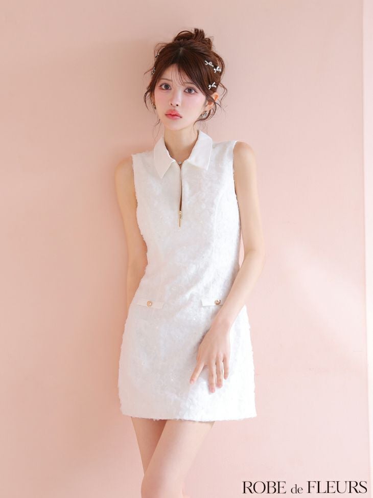 ROBE de FLEURS ローブドフルール 襟つきフラワーレースサテンミニキャバドレス fm4303