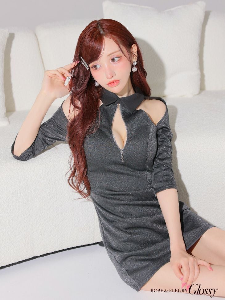 Glossy ローブドフルールグロッシー 襟デザインオフショルバストジップミニキャバドレス gl4109