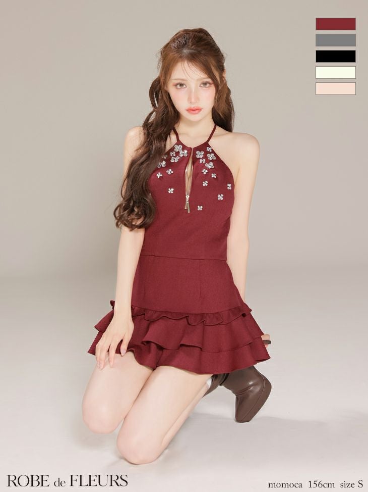 ROBE de FLEURS ローブドフルール ホルターネックビジューフレアセットアップミニキャバドレス fm3799-c