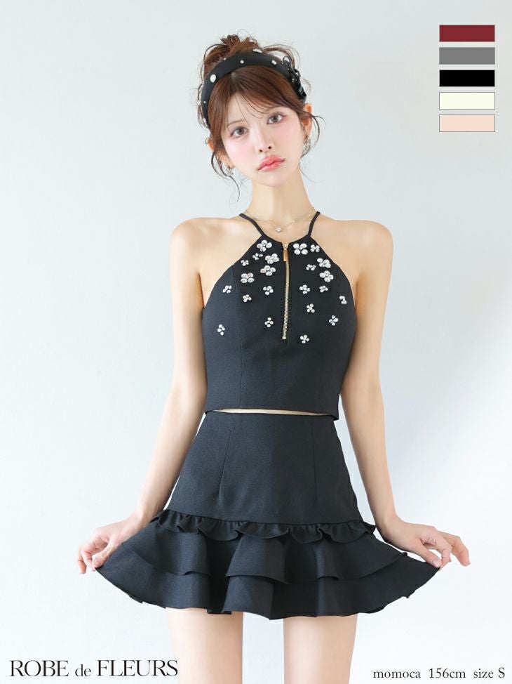 ROBE de FLEURS ローブドフルール ホルターネックビジューフレアセットアップミニキャバドレス fm3799-c