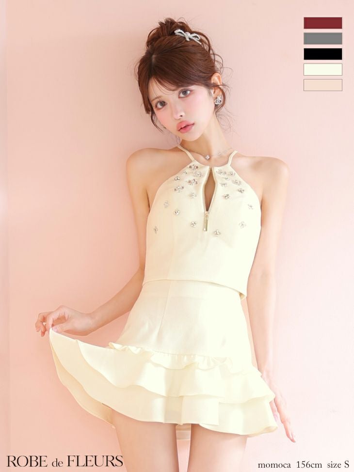 ROBE de FLEURS ローブドフルール ホルターネックビジューフレアセットアップミニキャバドレス fm3799-c