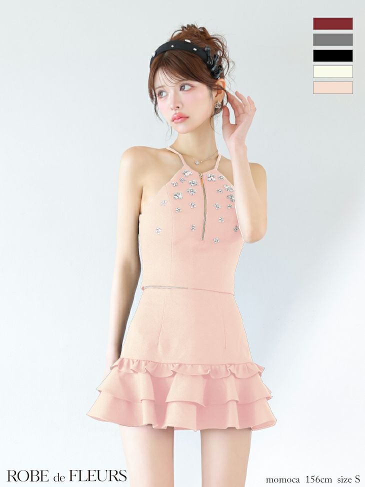 ROBE de FLEURS ローブドフルール ホルターネックビジューフレアセットアップミニキャバドレス fm3799-c