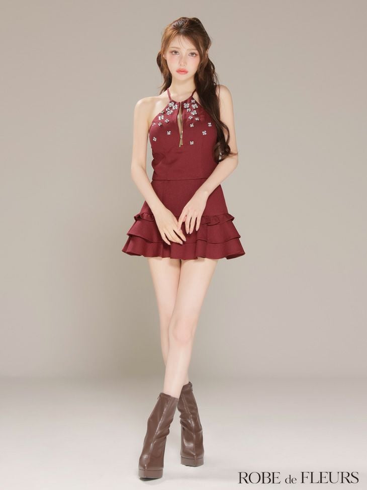 ROBE de FLEURS ローブドフルール ホルターネックビジューフレアセットアップミニキャバドレス fm3799-c