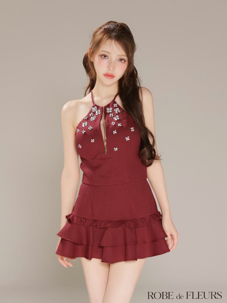 ROBE de FLEURS ビジュー付きホルターネックフレアミニドレス ROBE de FLEURS ローブドフルール ホルターネックビジューフレア