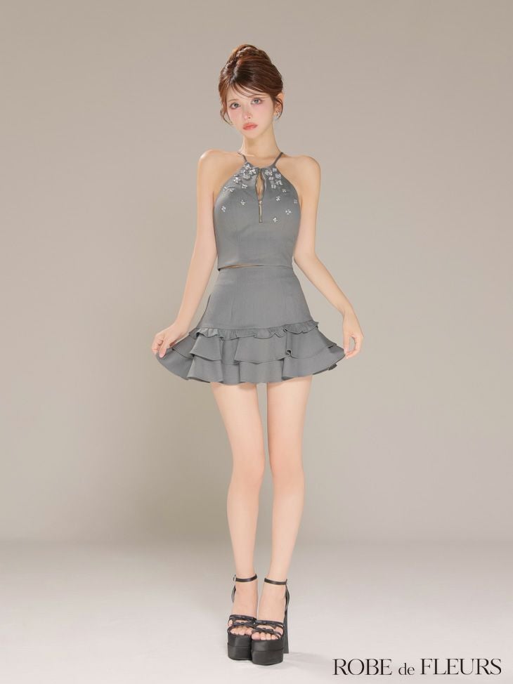 ROBE de FLEURS ローブドフルール ホルターネックビジューフレアセットアップミニキャバドレス fm3799-c