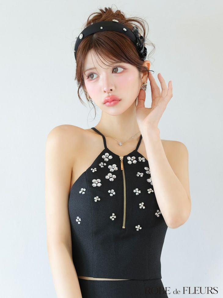 ROBE de FLEURS ローブドフルール ホルターネックビジューフレアセットアップミニキャバドレス fm3799-c