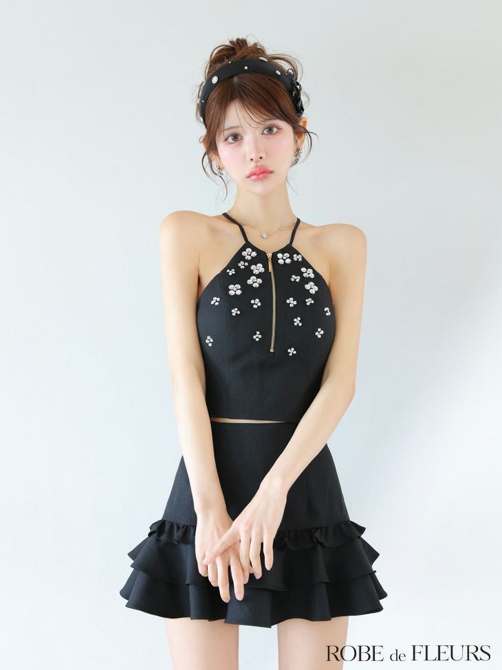 ROBE de FLEURS ビジュー付きホルターネックフレアミニドレス ROBE de FLEURS ローブドフルール ホルターネックビジューフレア