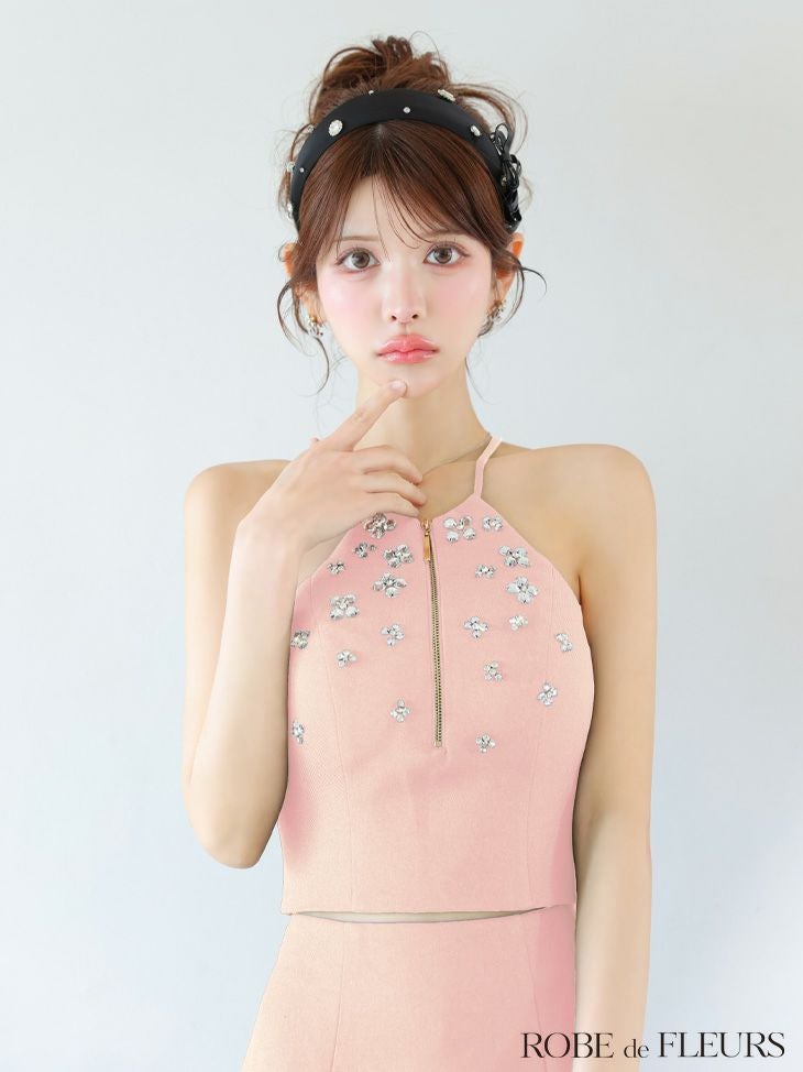 ROBE de FLEURS ビジュー付きホルターネックフレアミニドレス ROBE de FLEURS ローブドフルール ホルターネックビジューフレア