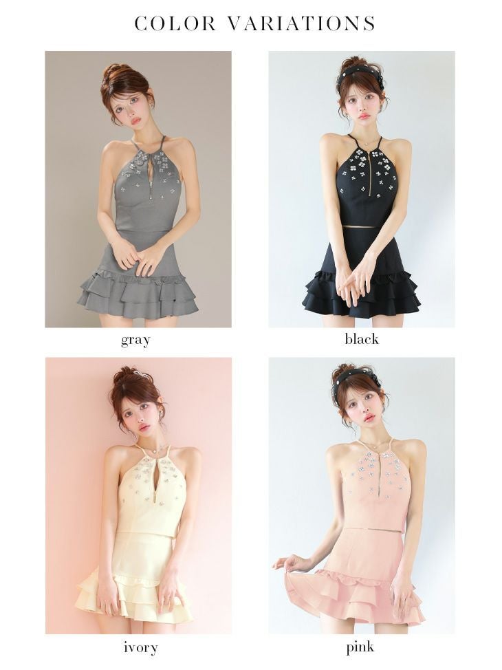 ROBE de FLEURS ローブドフルール ホルターネックビジューフレアセットアップミニキャバドレス fm3799-c