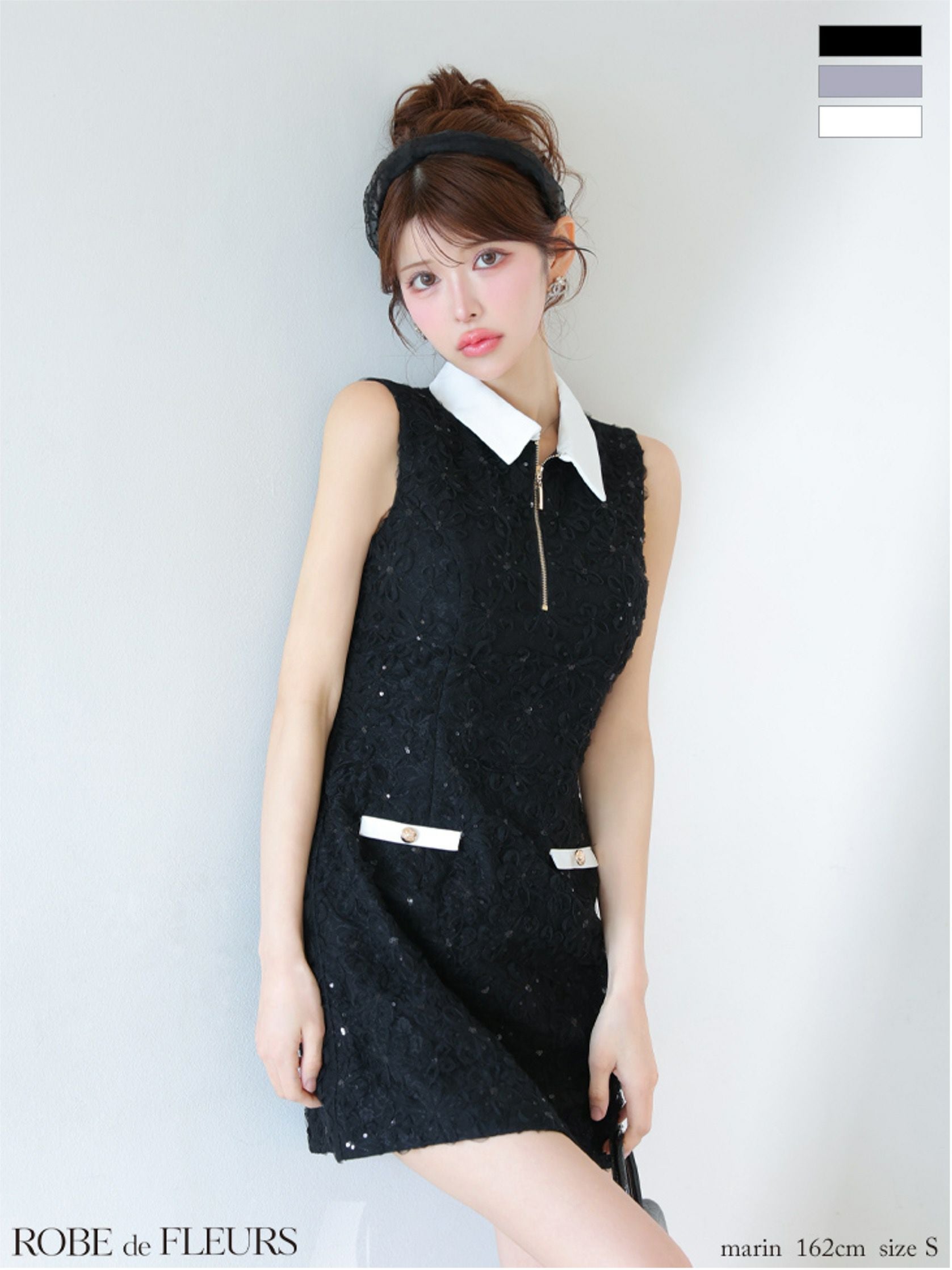 ROBE de FLEURS ローブドフルール 襟つきフラワーレースサテンミニ