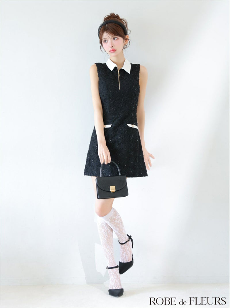 ROBE de FLEURS ローブドフルール 襟つきフラワーレースサテンミニキャバドレス fm4303-c