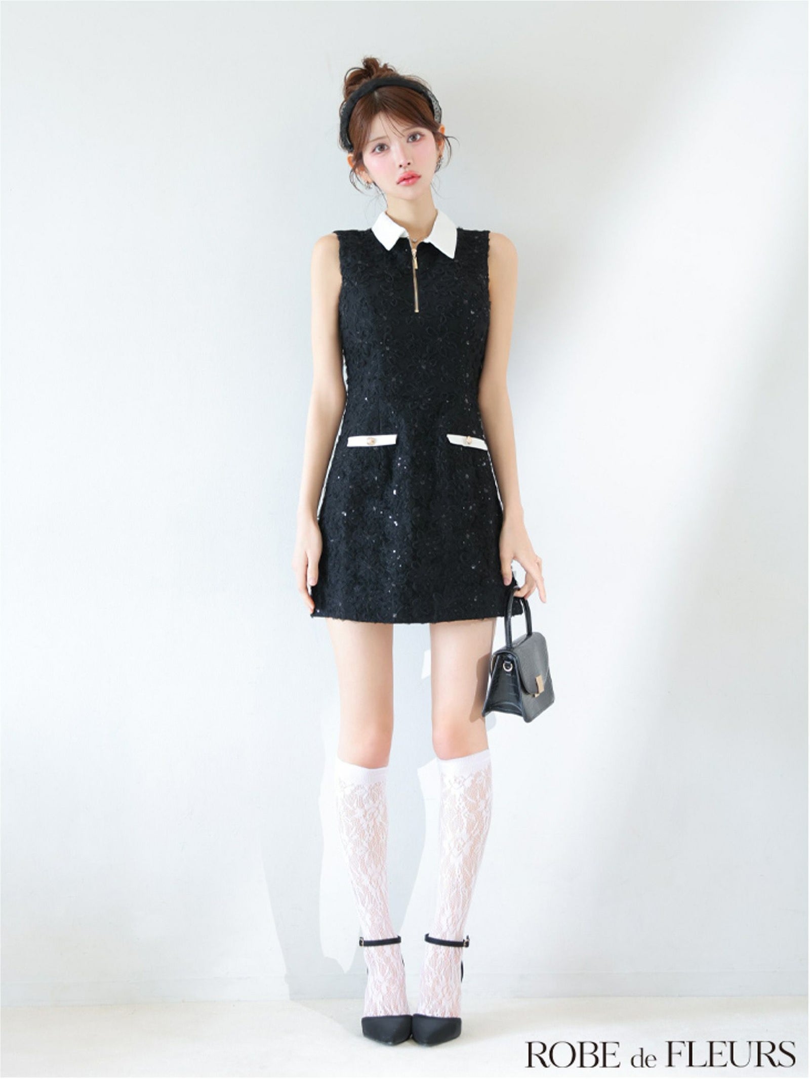 ROBE de FLEURS ローブドフルール 襟つきフラワーレースサテンミニキャバドレス fm4303-c