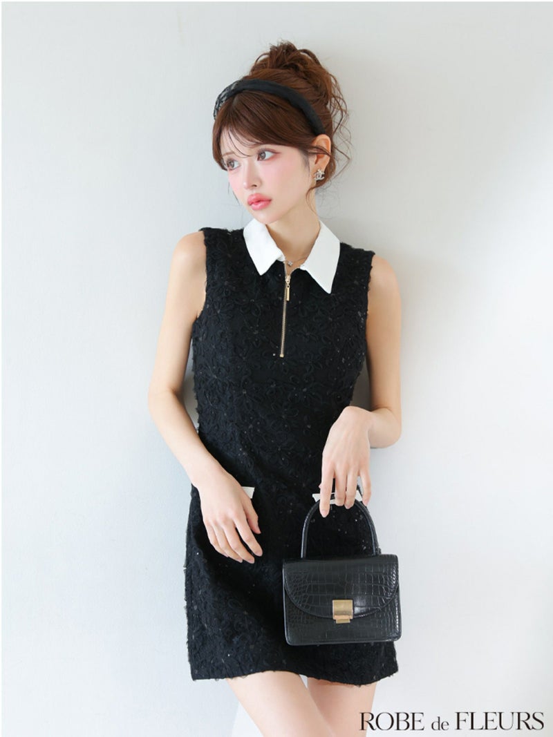 ROBE de FLEURS ローブドフルール 襟つきフラワーレースサテンミニキャバドレス fm4303-c