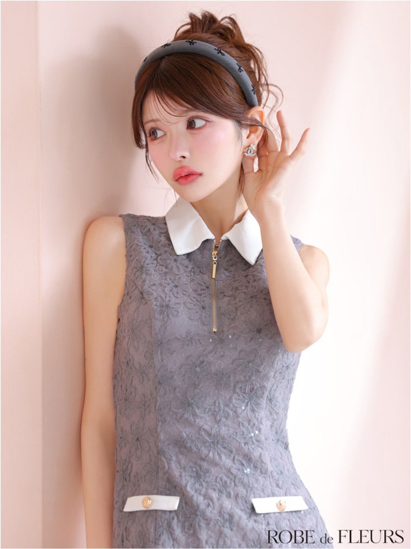 ROBE de FLEURS ローブドフルール 襟つきフラワーレースサテンミニキャバドレス fm4303-c