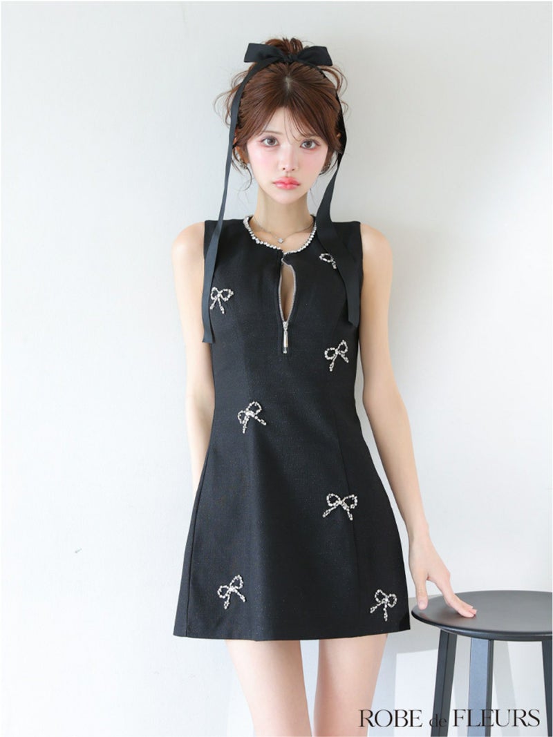 ROBE de FLEURS ローブドフルール リボンビジューノースリーブミニキャバドレス fm3454-c