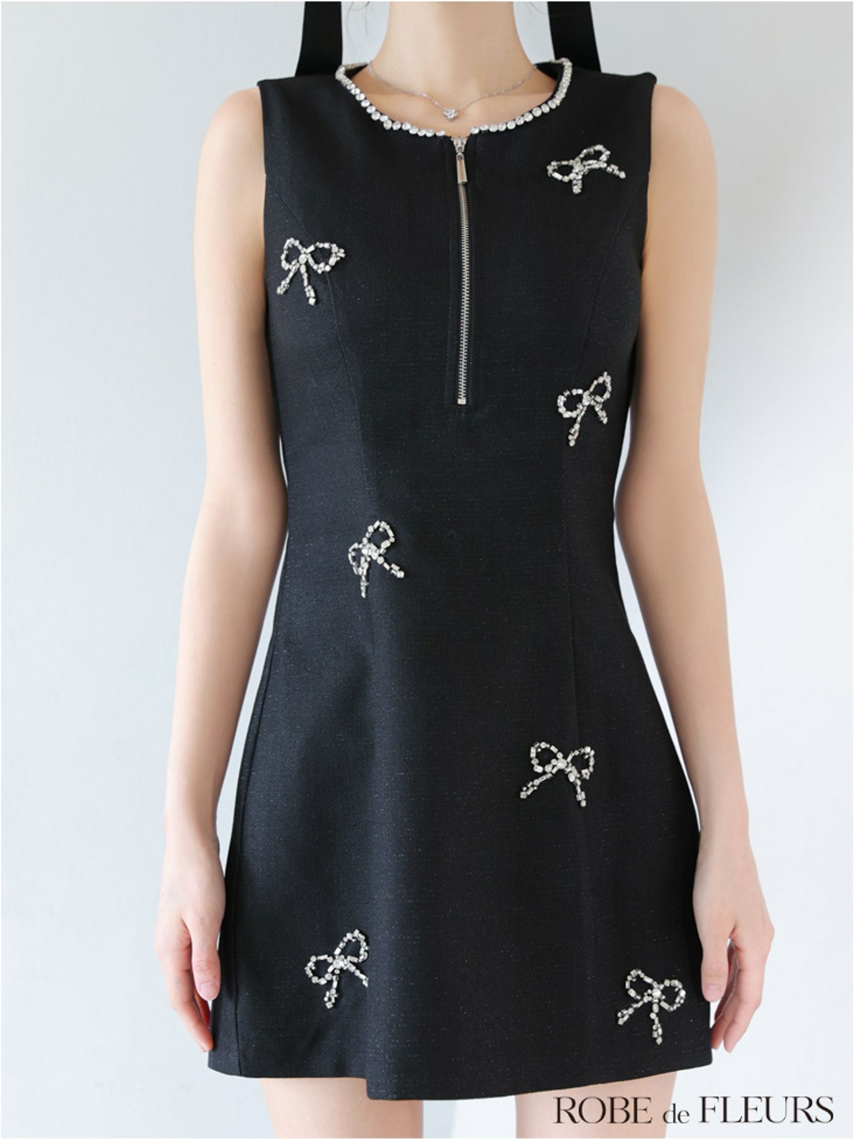 ROBE de FLEURS ローブドフルール リボンビジューノースリーブミニ