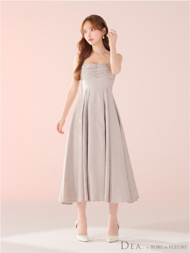 DEA. ディア バイ ローブドフルール ストーンジャガードギャザーフレアロングキャバドレスde3459-c