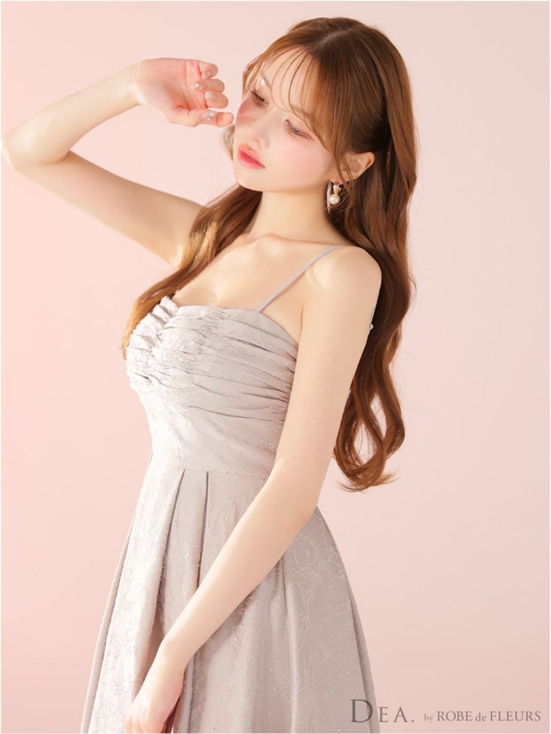 DEA. ディア バイ ローブドフルール ストーンジャガードギャザーフレアロングキャバドレスde3459-c