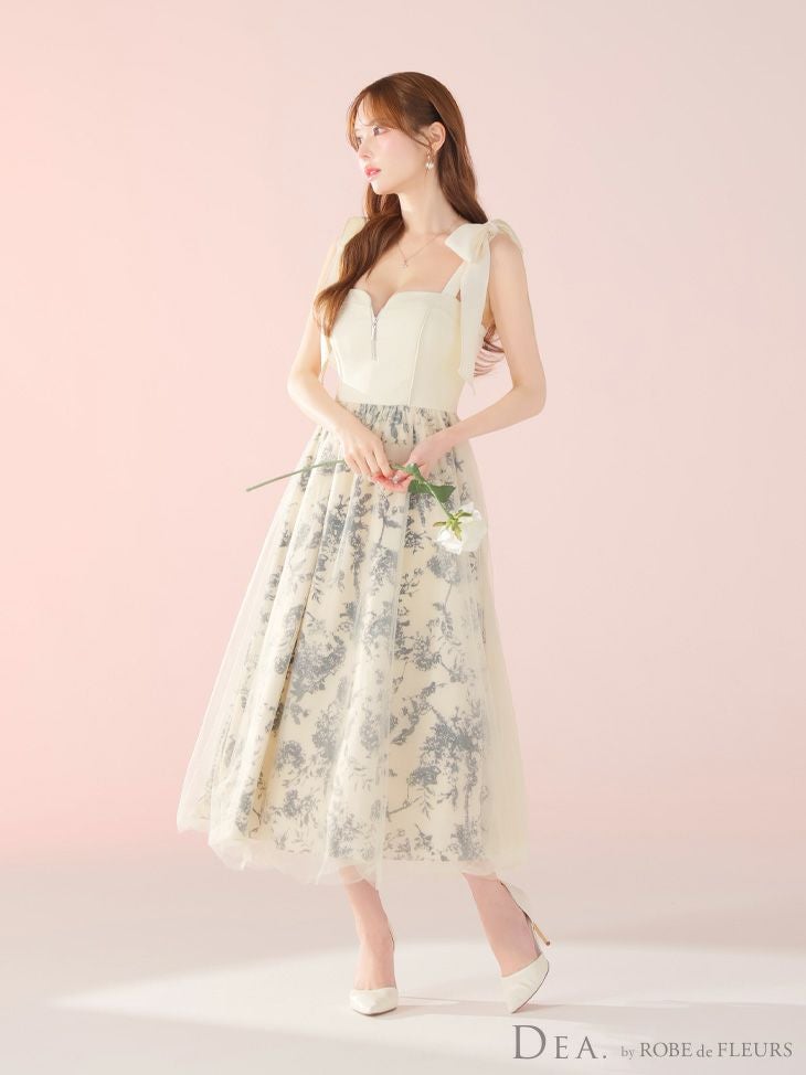 DEA. ディア バイ ローブドフルール 花柄チュール肩リボンフレアロングキャバドレス de4301-c