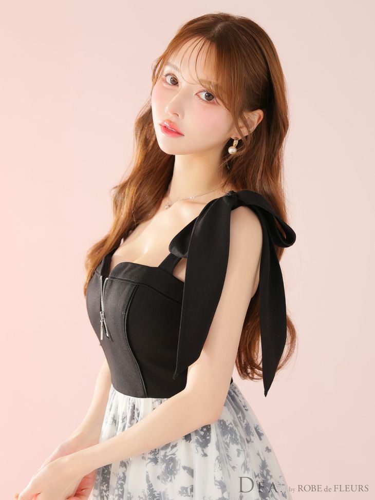 DEA. ディア バイ ローブドフルール 花柄チュール肩リボンフレアロングキャバドレス de4301-c