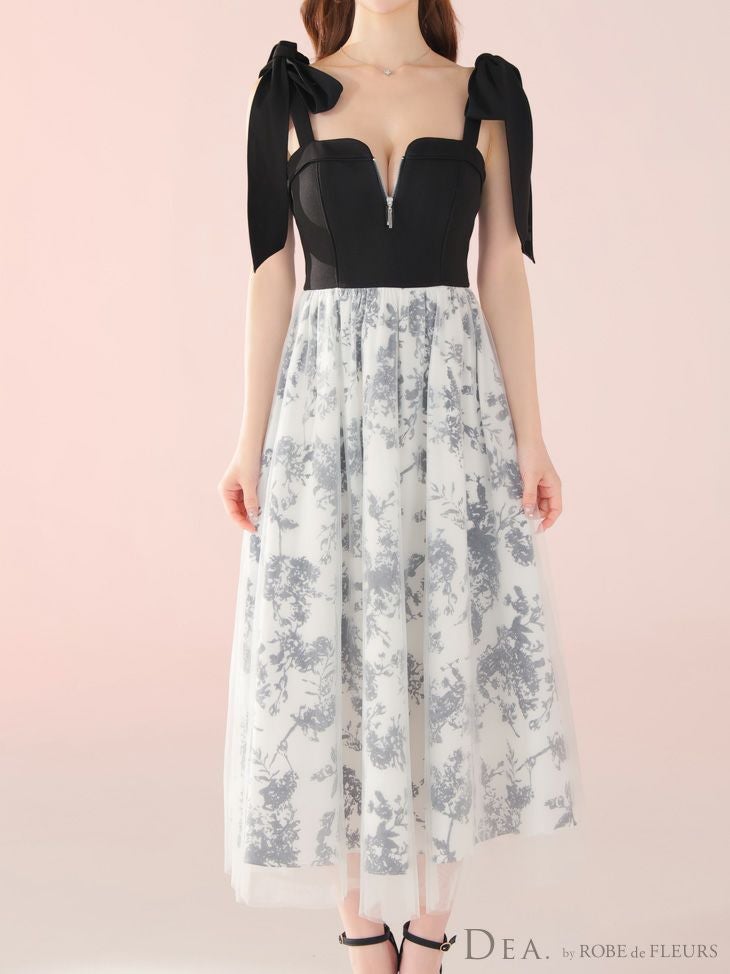 DEA. ディア バイ ローブドフルール 花柄チュール肩リボンフレアロングキャバドレス de4301-c