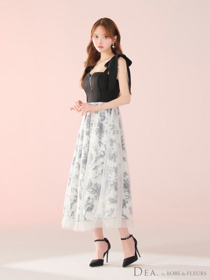 DEA. ディア バイ ローブドフルール 花柄チュール肩リボンフレアロングキャバドレス de4301