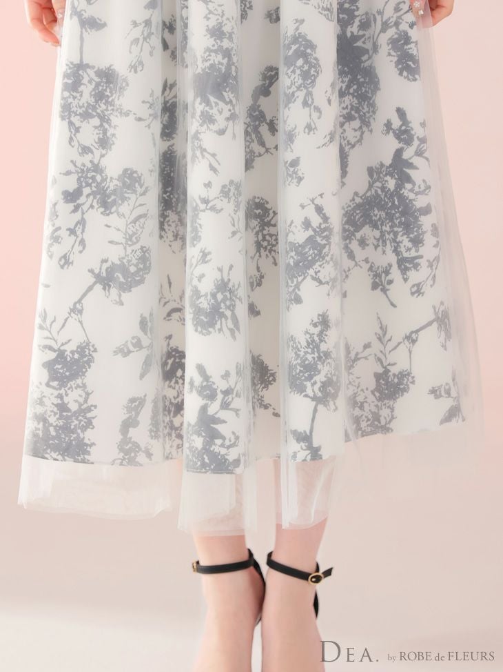 DEA. ディア バイ ローブドフルール 花柄チュール肩リボンフレアロングキャバドレス de4301